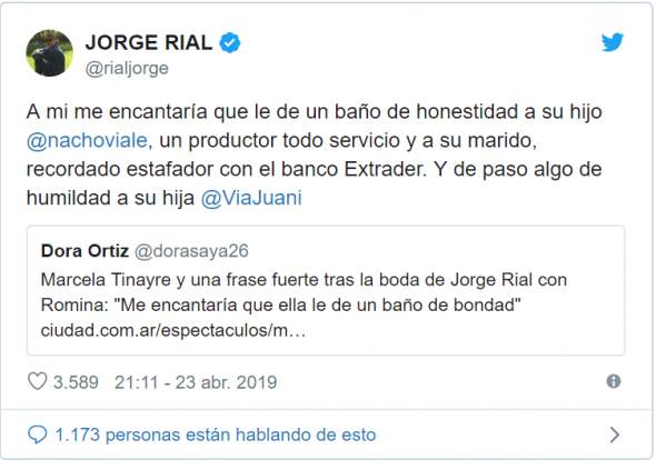 Tuit Jorge Rial contra hijos de marecla Tinayre