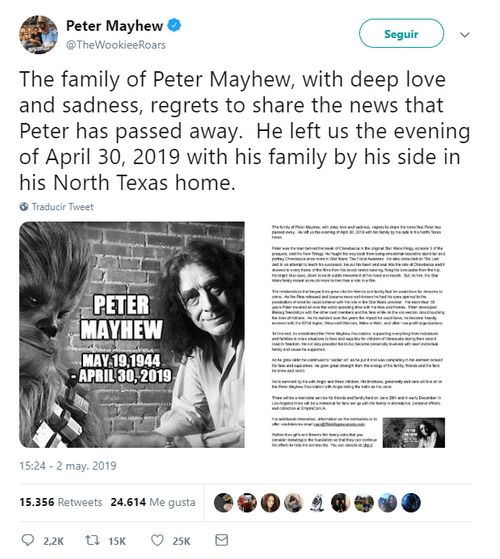 Anuncio muerte Peter Mayhew