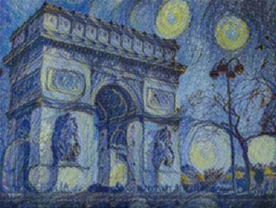 El estilo de The starry night, de Vincent Van Gogh, aplicado a una imagen del Arco de Triunfo de París