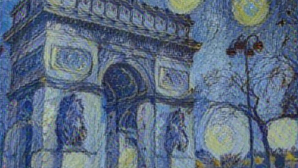 El estilo de The starry night, de Vincent Van Gogh, aplicado a una imagen del Arco de Triunfo de París