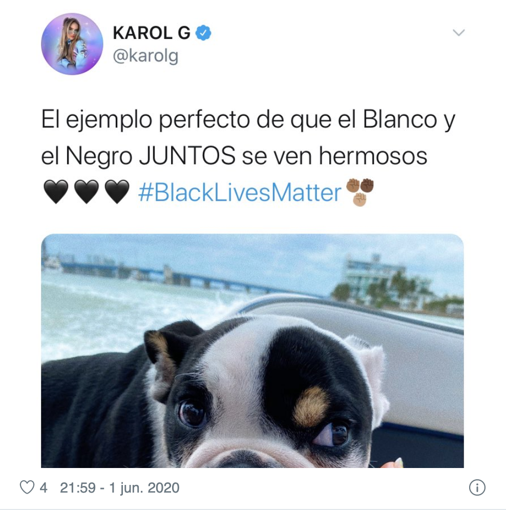 Tuit Karol G sobre racismo y su perro